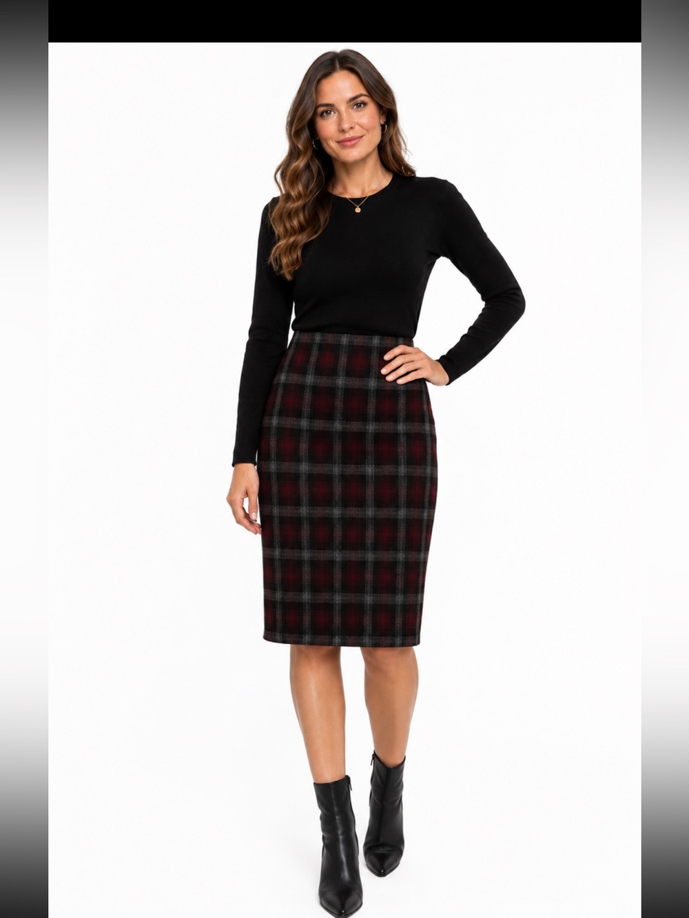 Le Château Plaid Pencil Skirt Burgundy Black Tartan
